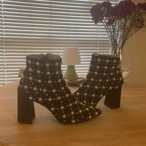 Size 9 Betsey Johnson Boots: Black Boots with pearl and crystal embellishments.
